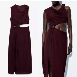 Zara Asymmetrical Burgundy Dress with Cut-Out